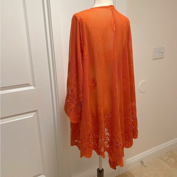 Paper + Tee Sheer Mesh Kimono Open Front Scalloped Embroidered Lace Orange 1X - Picture 4 of 12